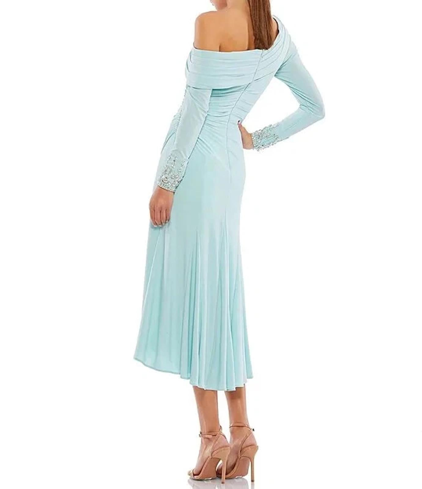 NWT MacDuggal Foldover Long Sleeve Jeweled Midi Dress Powder Blue Size 0