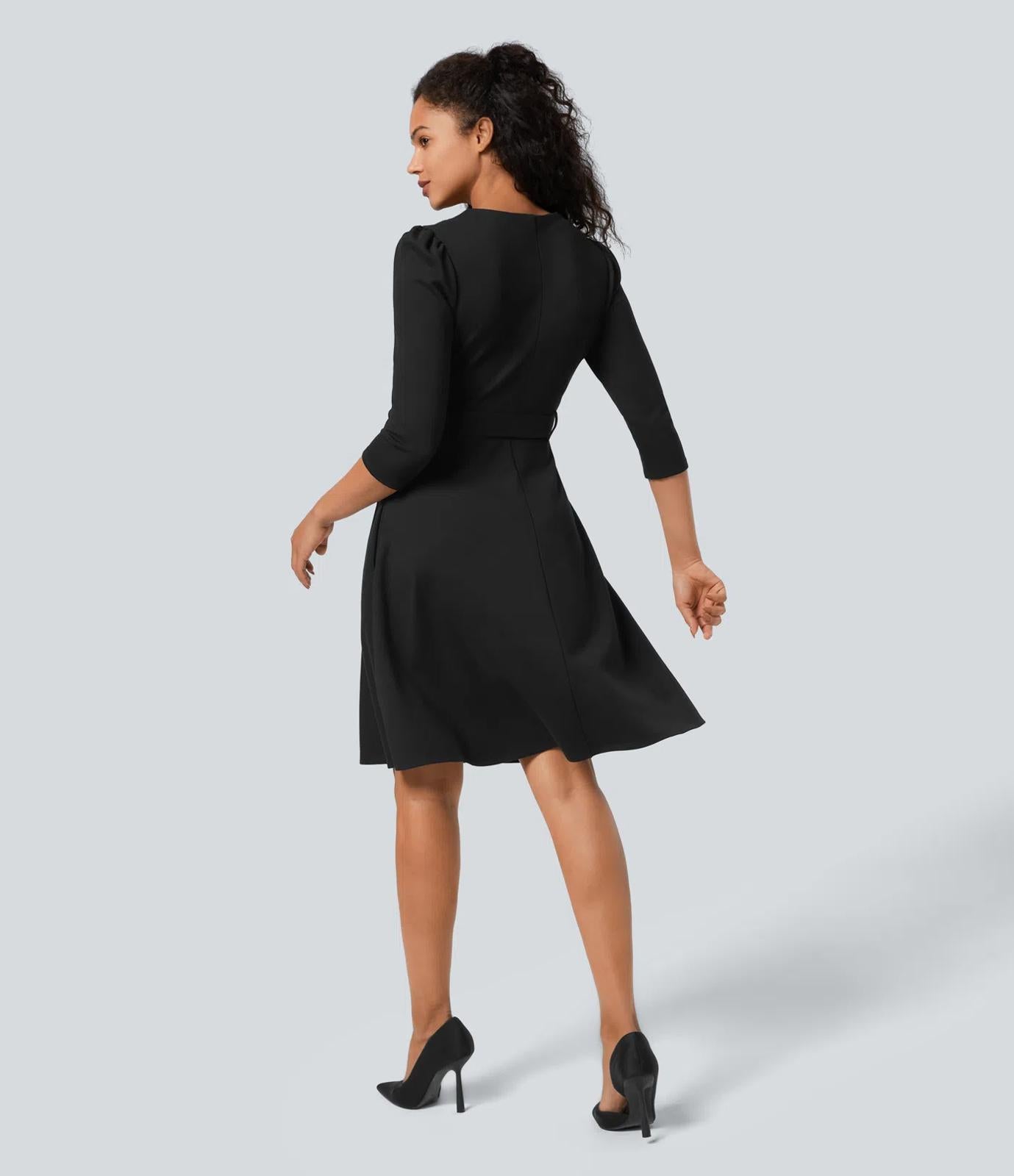 NWT Halara Round Neck Zipper Belted Pocket Midi Fit And Flare Work Dress Black S