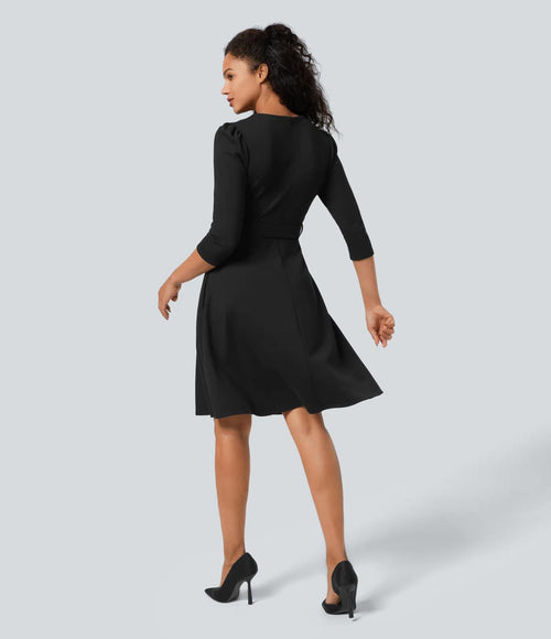 NWT Halara Round Neck Zipper Belted Pocket Midi Fit And Flare Work Dress Black S