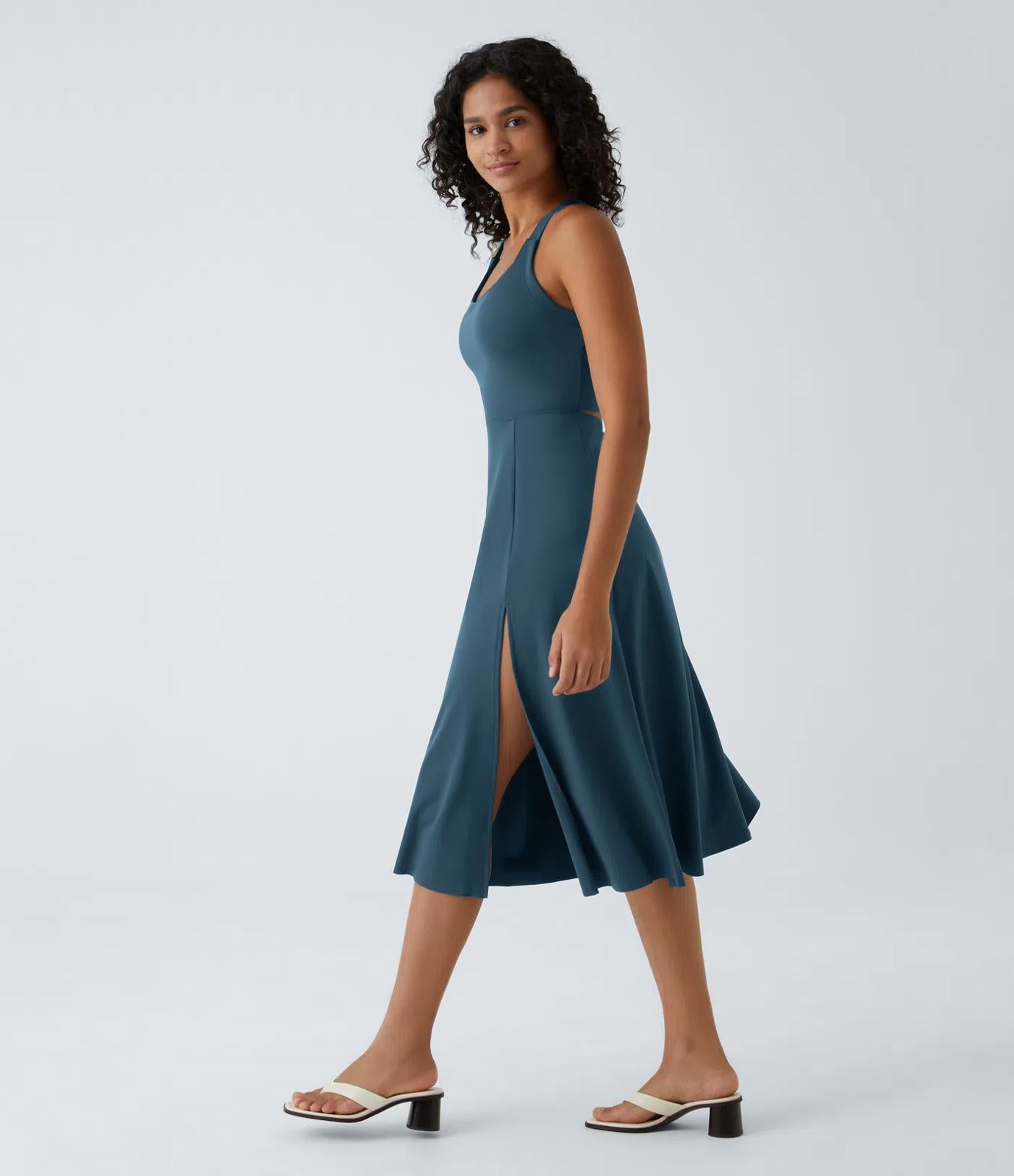 NWT Halara Cut Out Pocket Midi Casual Dress Majolica Blue S