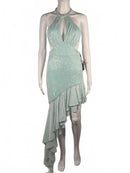MAC DUGGAL Sequined Halter Cut Out Ruffle Asymmetrical Dress Size 8