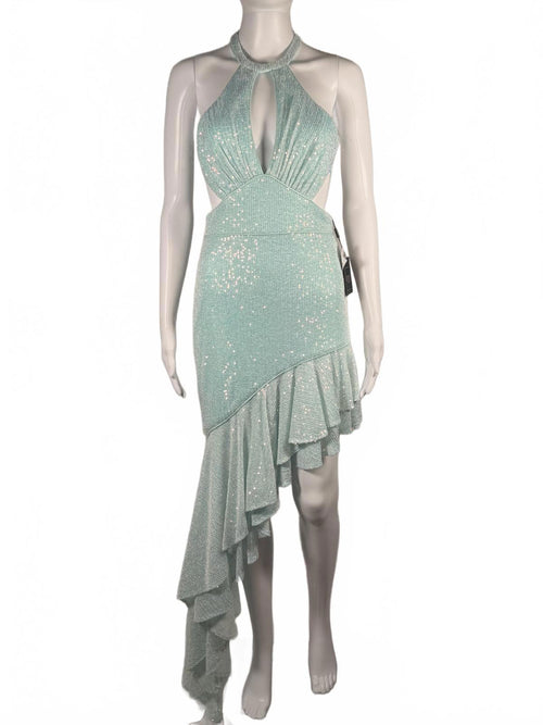 MAC DUGGAL Sequined Halter Cut Out Ruffle Asymmetrical Dress Size 8