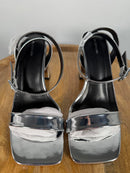 NIB Pretty Little Thing Silver Metallic Thick Strap Block Heeled Sandals Size 5
