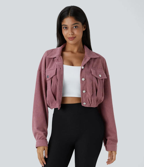NWT Halara Pocket Cropped Corduroy Casual Jacket Mauvewood Large