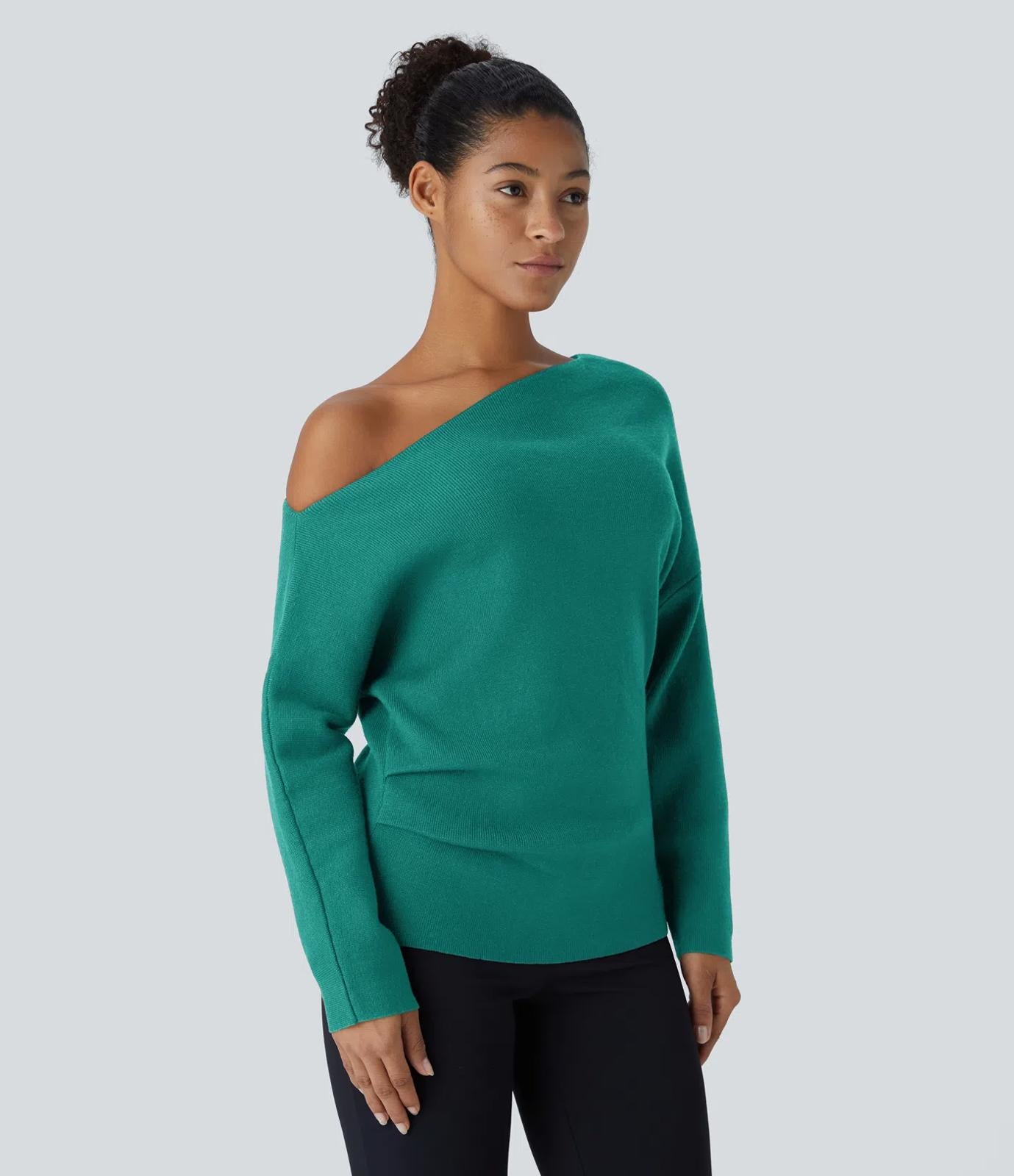 NWT Halara Off Shoulder Long Sleeve Work Sweater Green Small