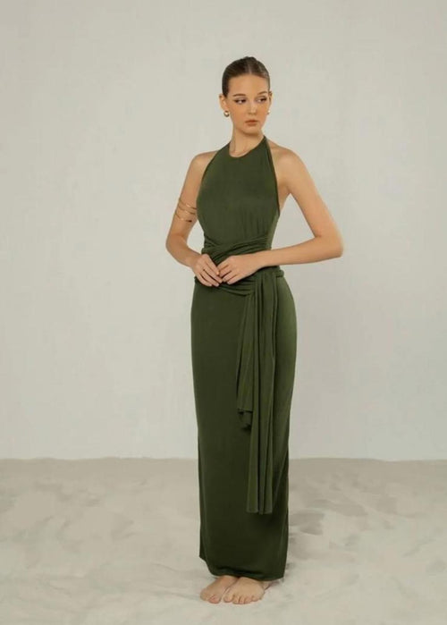 Atelier Olive Green Maxi Dress with Tie Detail Size M