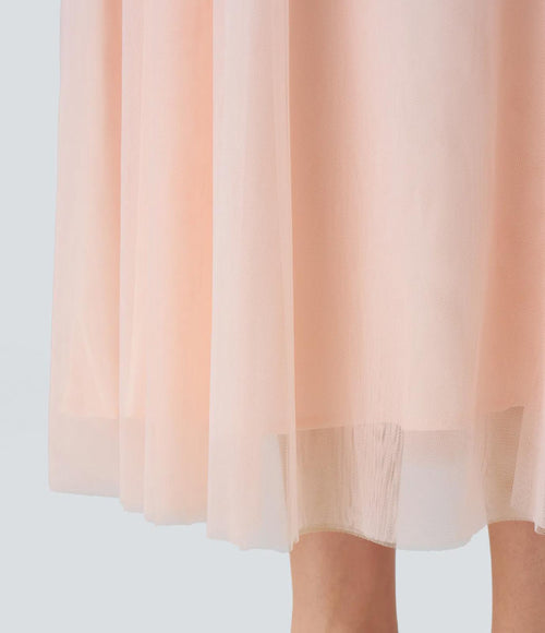 NWT Halara High Waisted Mesh Overlay Flowy Flare Midi Casual Skirt Cream Tan XS