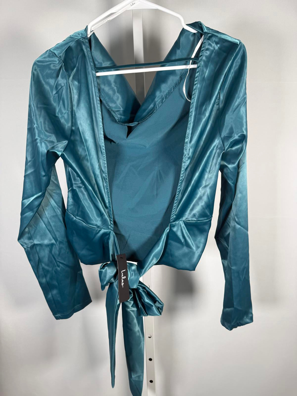 NWT Lulus Lovely Outing Teal Green Satin Cowl Neck Backless Tie-Back Top Size S