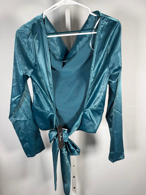NWT Lulus Lovely Outing Teal Green Satin Cowl Neck Backless Tie-Back Top Size S