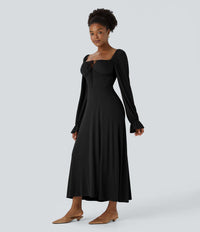 NWT Halara Square Neck Drawstring Tie Front Flounce Long Sleeve Dress Black S