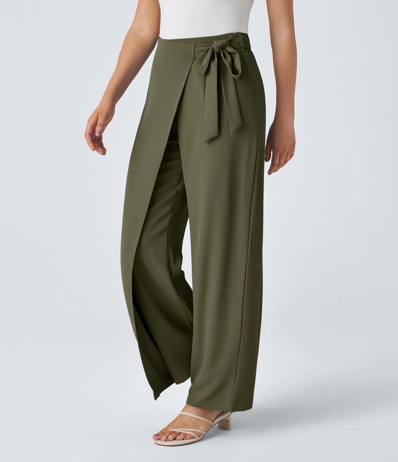 NWT Halara High Waisted Tie Side Wide Leg Work Pants Burnt Olive Size Large