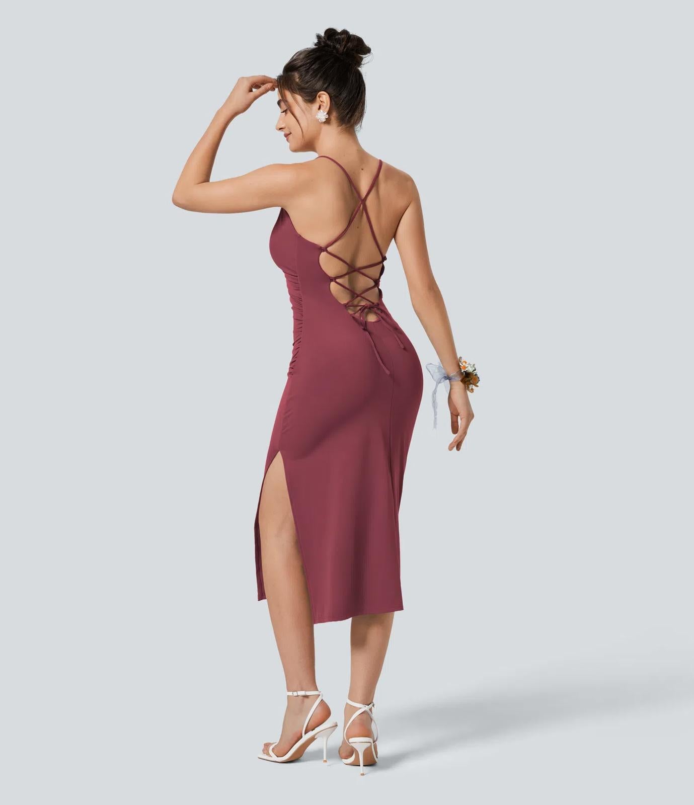 NWT Halara SoftlyZero Ruched Lace Up Bodycon Cool Touch Dress-UPF50+ Cordovan S