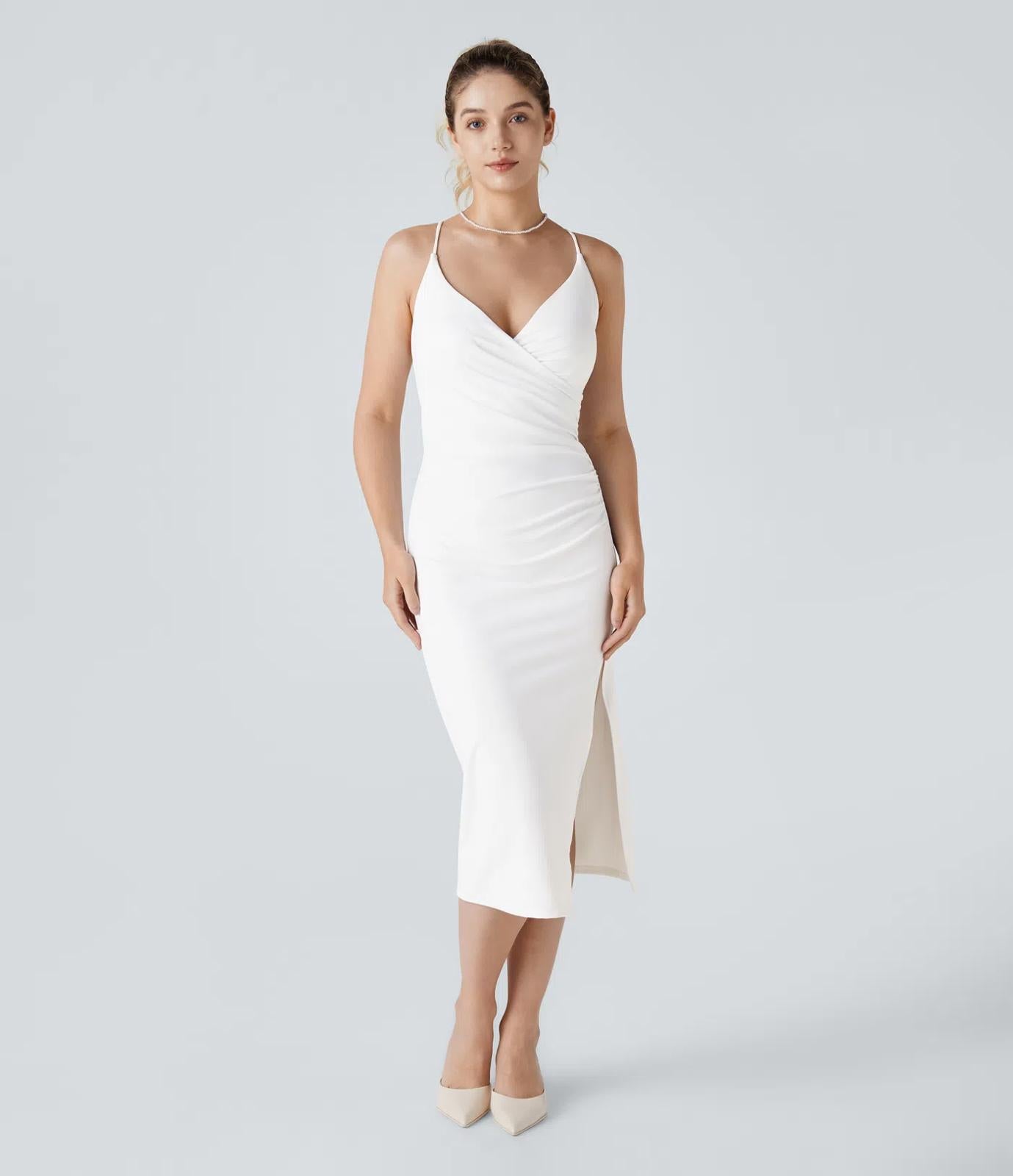 halara bodycon dress Women's Round Neck Sleeveless Ruched Midi Casual Bodycon Dress