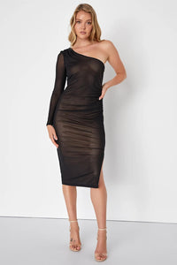 NWT Lulus Enticing Perfection Black and Beige Mesh One-Shoulder Midi Dress XS