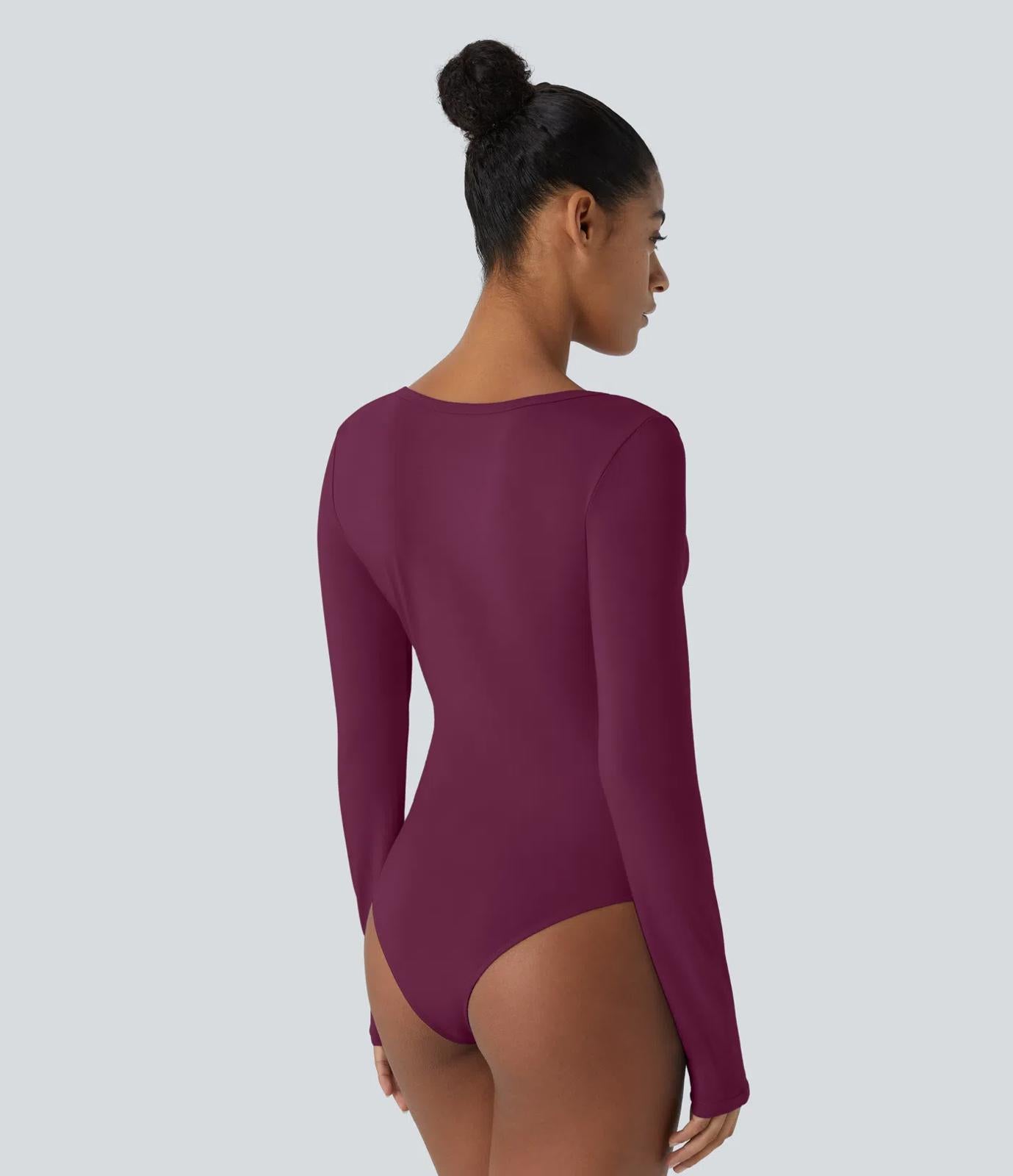 NWT Halara U Neck Long Sleeve Snap Button Skinny Work Bodysuit Red Violet, Large