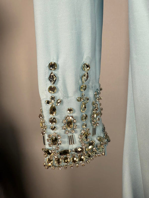 NWT MacDuggal Foldover Long Sleeve Jeweled Midi Dress Powder Blue Size 0