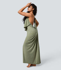 NWT Halara V Neck Tie Back Ruched Maxi Slip Dress Light Green Floral Yarn L