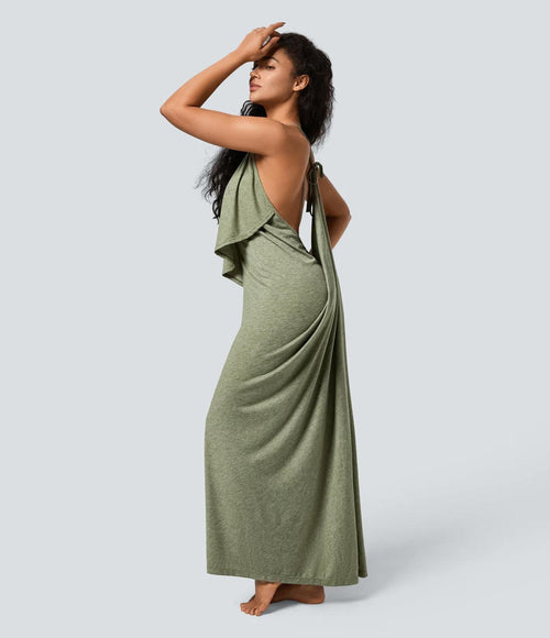 NWT Halara V Neck Tie Back Ruched Maxi Slip Dress Light Green Floral Yarn L
