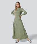 NWT Halara Funnel Neck Long Sleeve Flare Maxi Casual Dress Darl GRAY Floral S