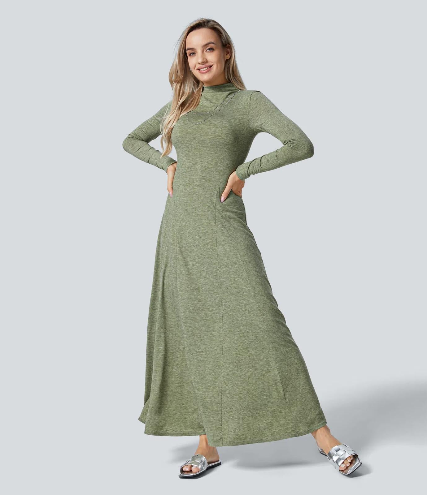 NWT Halara Funnel Neck Long Sleeve Flare Maxi Casual Dress Darl GRAY Floral S