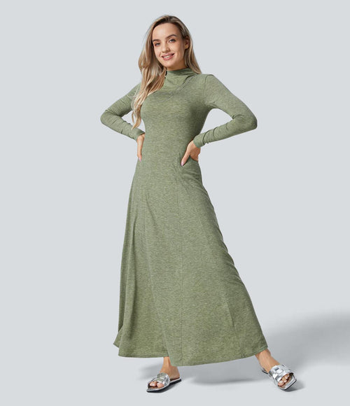 NWT Halara Funnel Neck Long Sleeve Flare Maxi Casual Dress Darl GRAY Floral S