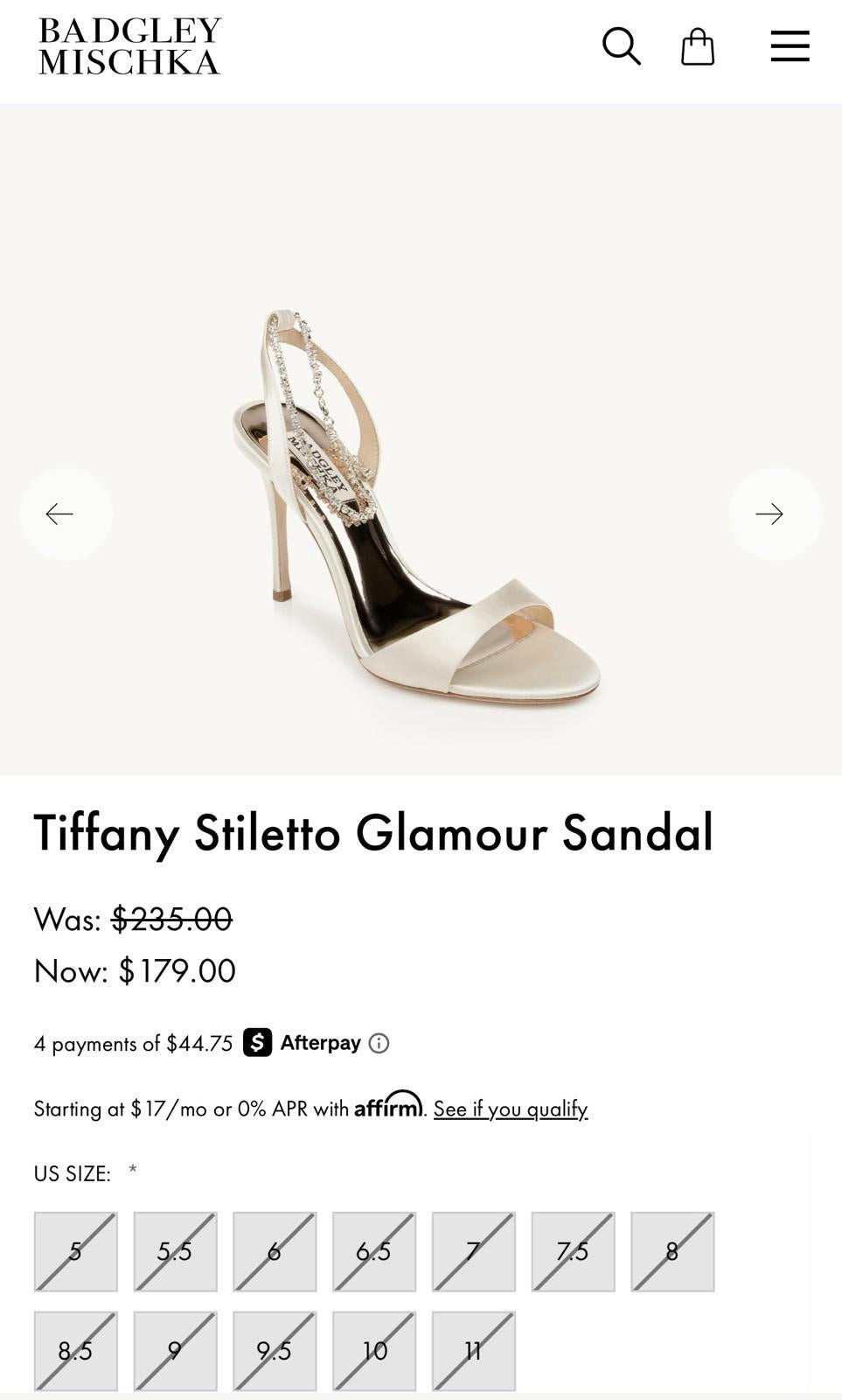 BADGLEY MISCHKA Tiffany Stiletto Glamour Sandal Ivory Satin SIZE 9.5