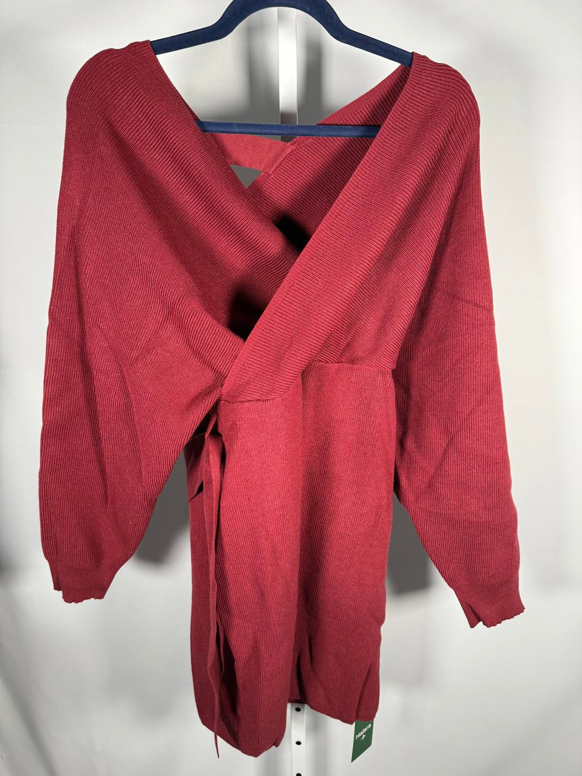 NWT Halara Crossover V Neck Batwing Belted Mini Sweater Mini Dress Red Violet L