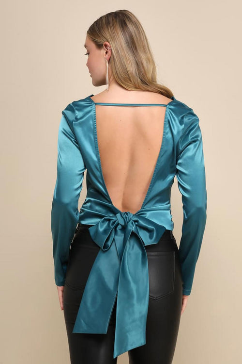 Lulus Lovely Outing Teal Green Satin Cowl Neck Backless Tie-Back Top Size S