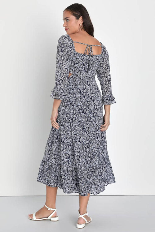Lulus Blissful Sweetie Navy Blue Paisley Tiered Cutout Midi Dress - S NWT