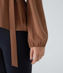 NWT Halara Shawl Collar Wrapped Tie Side Ruffle Hem Work Blouse Rust Red - Large