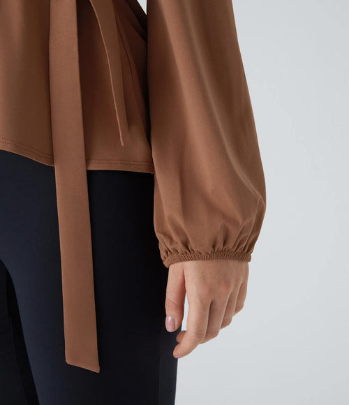 NWT Halara Shawl Collar Wrapped Tie Side Ruffle Hem Work Blouse Rust Red - Large