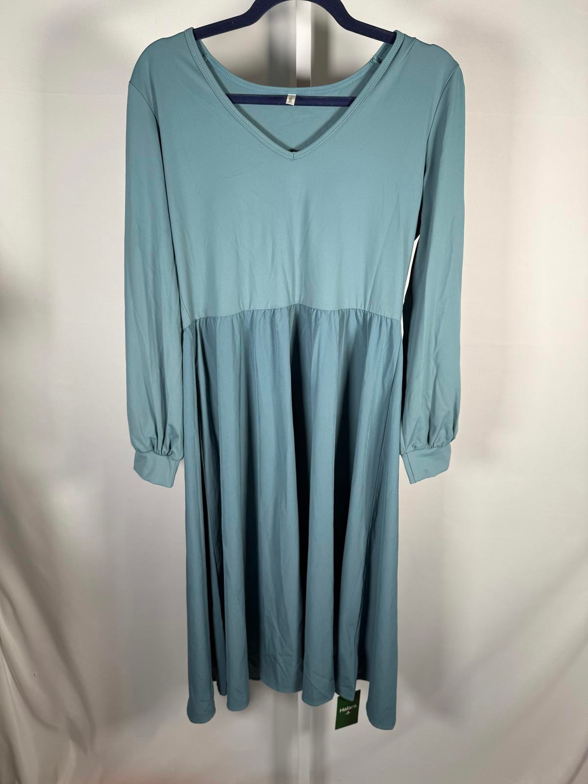 NWT Halara V Neck Bishop Long Sleeve Flare Midi Casual Dress Stone Blue Size L