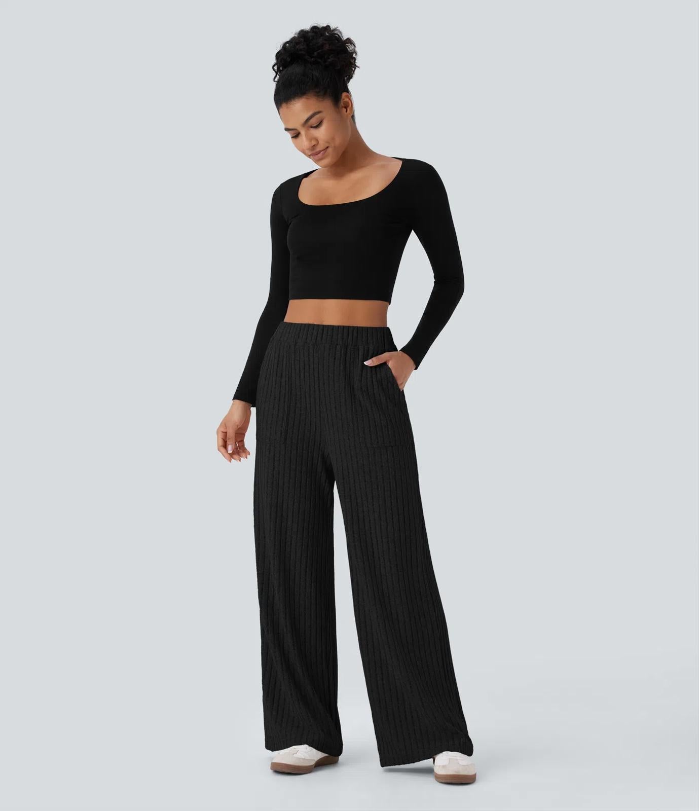 NWT Halara Ribbed Knit High Waisted Pockets Wide Leg Casual Pants Black S