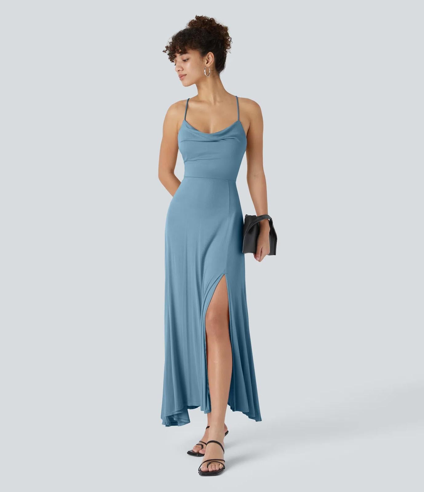 NWT Halara Ribbed Cowl Neck Lace Up Midi Dress Rainy Sky Blue L