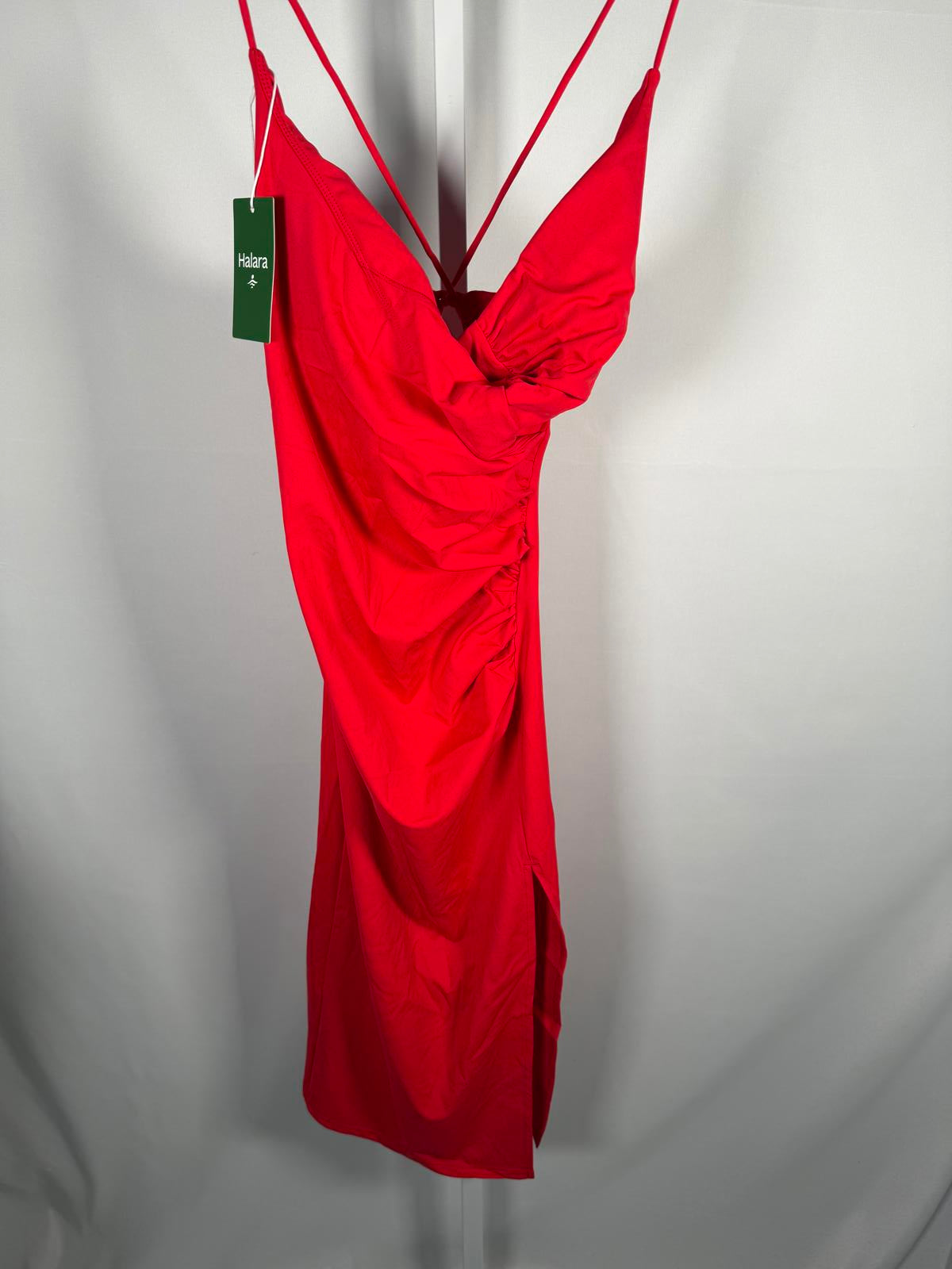 NWT Halara SoftlyZero Airy Crossover Ruched Lace Up Bodycon Dress Mars Red Small