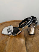 NIB Pretty Little Thing Silver Metallic Thick Strap Block Heeled Sandals Size 5