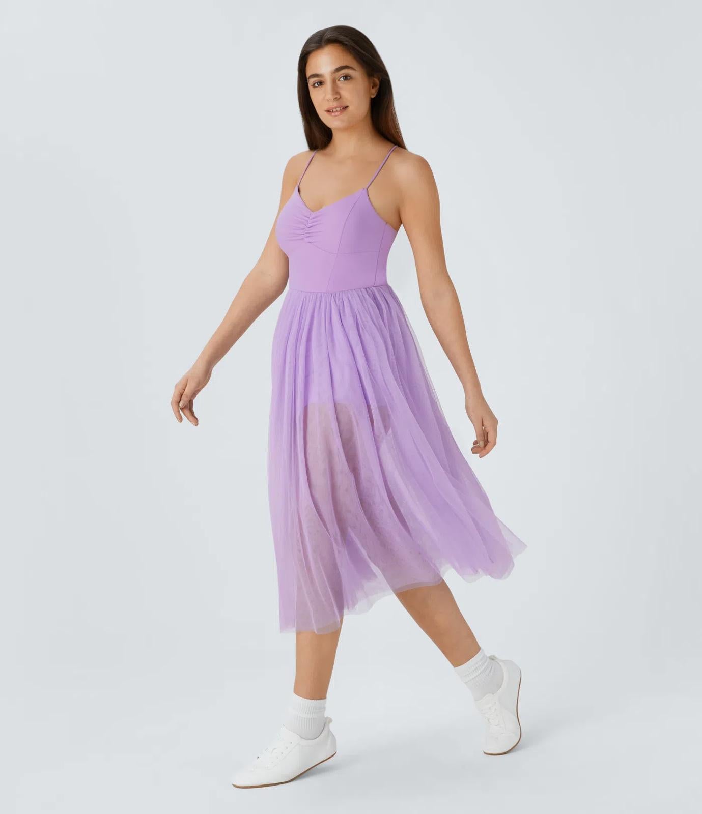 NWT Halara V Neck Ruched Lace Up Contrast Mesh Midi Casual Dress Orchid Bloom L