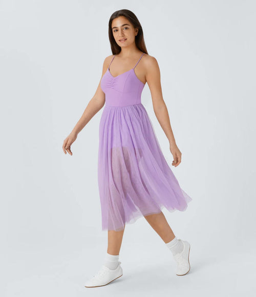 NWT Halara V Neck Ruched Lace Up Contrast Mesh Midi Casual Dress Orchid Bloom L