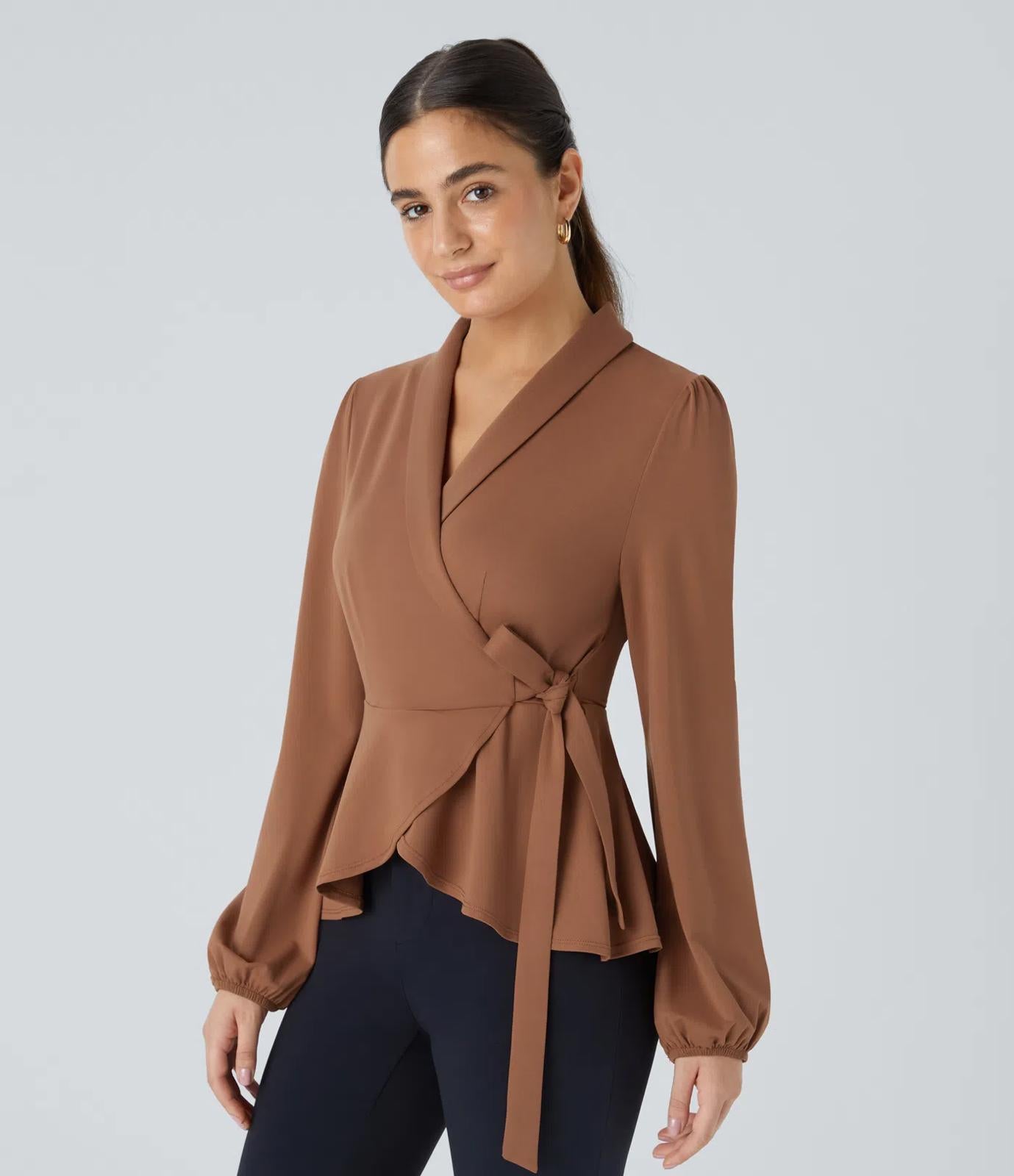 NWT Halara Shawl Collar Wrapped Tie Side Ruffle Hem Work Blouse Rust Red - Large