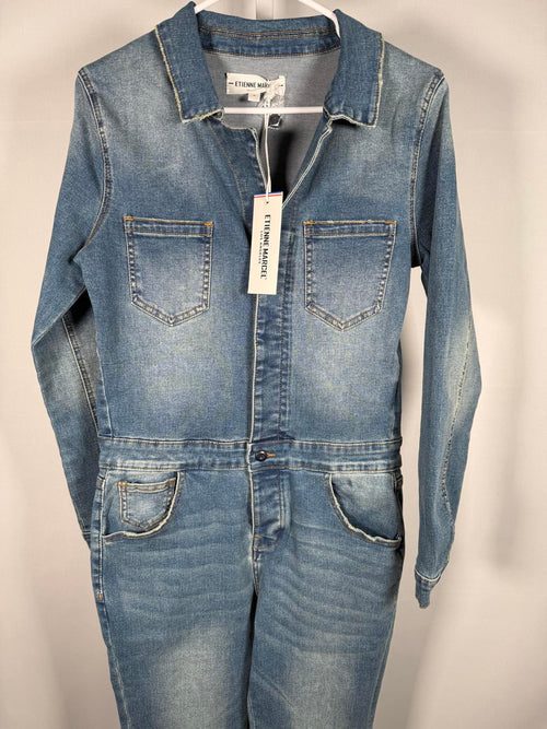 Etienne Marcel Faded Wash Notch Lapel Denim Jumpsuit Size S