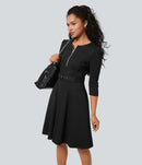 NWT Halara Round Neck Zipper Belted Pocket Midi Fit And Flare Work Dress Black S