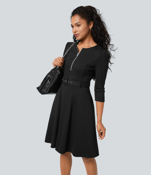 NWT Halara Round Neck Zipper Belted Pocket Midi Fit And Flare Work Dress Black S
