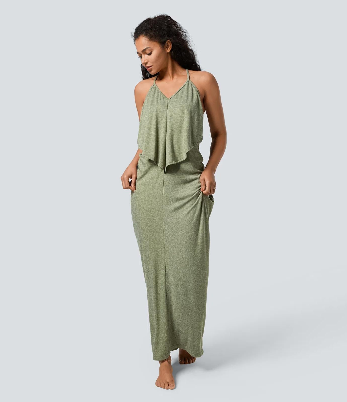NWT Halara V Neck Tie Back Ruched Maxi Slip Dress Light Green Floral Yarn L