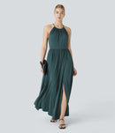 NWT Halara Adjustable Halter Tie Pocket Hem Flowy Maxi Dress Verdiris XL
