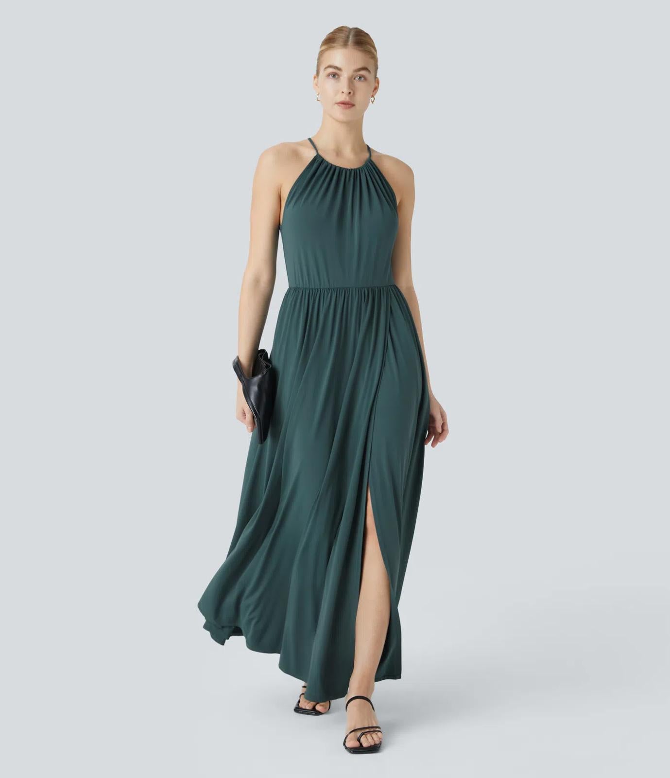 NWT Halara Adjustable Halter Tie Pocket Hem Flowy Maxi Dress Verdiris XL