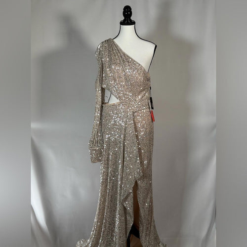 Mac Duggal Formal Silver Sequined One Shoulder Cut Out Gown Size 10 $298 NWT