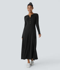 NWT Halara Henley Long Sleeve Flare Maxi Casual Dress Black Size XL