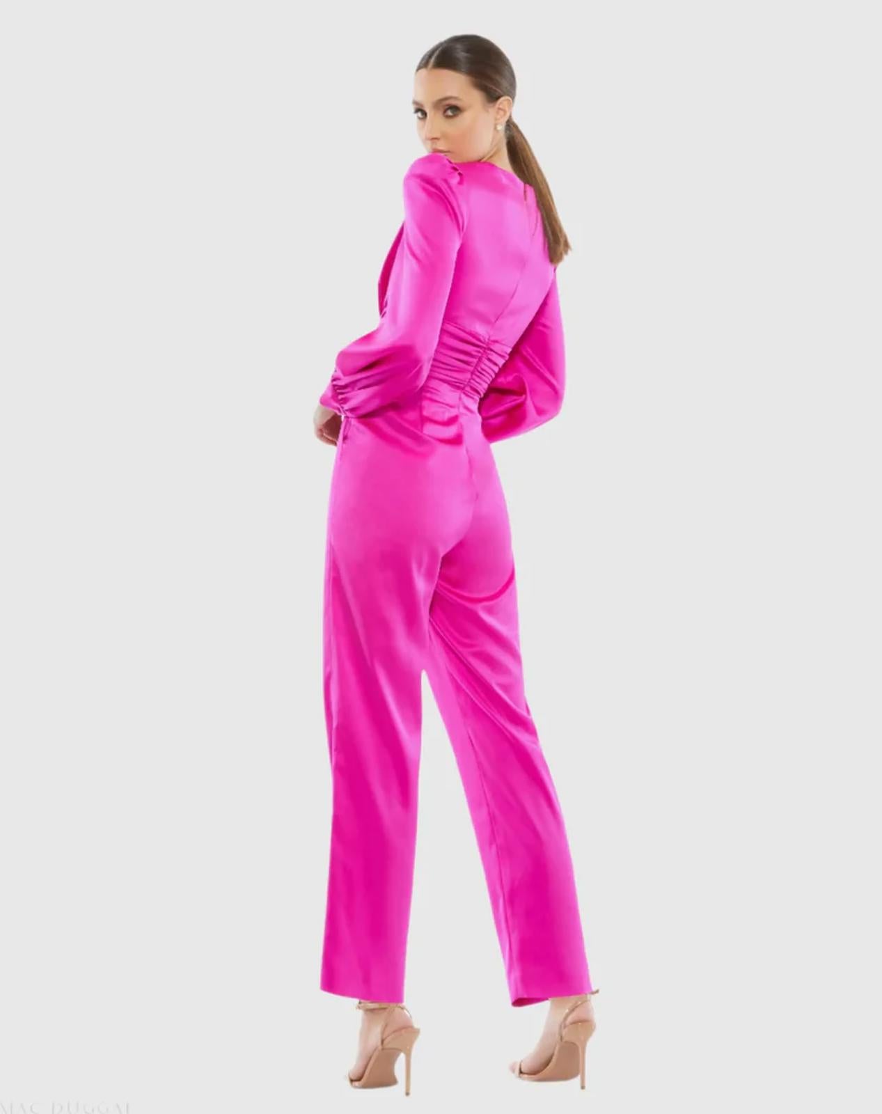 NWT Mac Duggal Pink Front Twist Puff Sleeve Deep V Jumpsuit Size 2