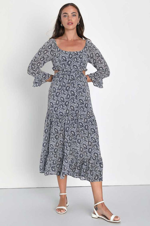 Lulus Blissful Sweetie Navy Blue Paisley Tiered Cutout Midi Dress - XS NWT