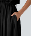 NWT Halara Deep V Neck Butterfly Sleeve Pocket Flowy Maxi Casual Dress Black L